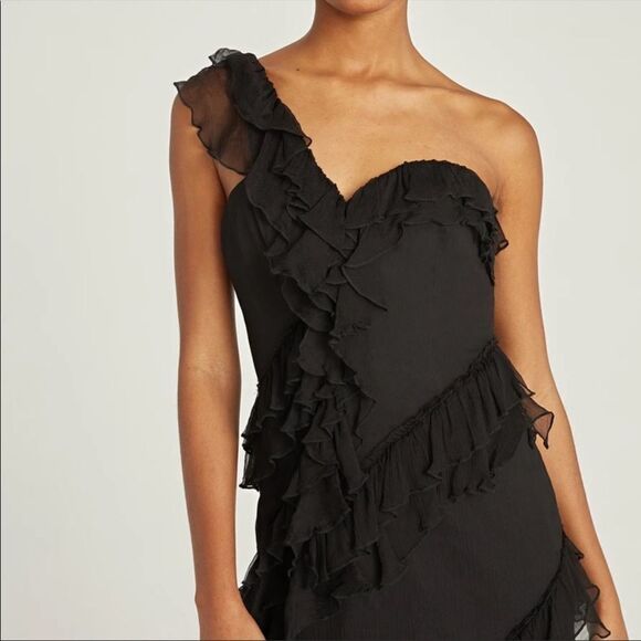 AMUR Harlow Silk Sleeveless One-Shoulder Ruffle Maxi Dress Black 0 - Picture 8 of 16